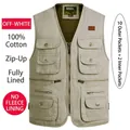 Gilet d'extérieur en coton pour hommes avec 12 poches en couleur beige classique - XL / Hauts / Blanc Cassé (Sans Polaire)