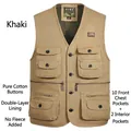Gilet utilitaire en coton kaki pour hommes avec 12 poches et boutons - XL / Hauts / Kaki (Sans Polaire Bouton)