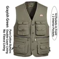 Gilet utilitaire léger en coton gris-vert pour hommes avec 12 poches, sans polaire - XL / Hauts / Vert Gris (Sans Polaire Bouton)