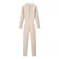Front view of a beige knitted jumpsuit with long sleeves and a half-zipper - S / Top And Bottom / Off White