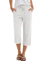 Detail view of women's white linen wide-leg pants with comfortable drawstring waist - S / Bottoms / White