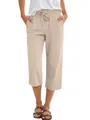 Detail of beige cotton linen wide leg cropped pants with elastic drawstring waist - S / Bottoms / Khaki