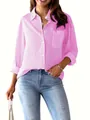 Detail view of pink and white striped loose long-sleeved casual shirt for women - S / Tops / Rose Pink