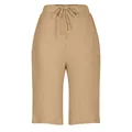 Detail of cotton linen casual pants with elastic waist and drawstring in beige - S / Bottoms / Khaki