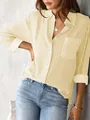 Casual yellow and white vertical striped long sleeve button down shirt for women - S / Tops / Apricot