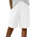 Close-up of white cotton-linen loose casual shorts with elastic drawstring waist - S / Bottoms / White