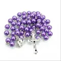 Handmade 8mm purple imitation pearl rosary necklace featuring a silver-tone crucifix pendant - 8mm Bead / Purple
