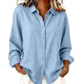 Close-up detail view of a light blue long-sleeved linen button-down casual shirt for women - S / Tops / Light Blue