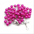 8mm vibrant pink pearl rosary necklace featuring a silver-tone cross pendant charm - 8mm Bead / Magenta