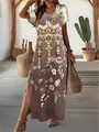Elegante vestido largo bohemio con estampado floral, cuello en V y abertura lateral - S / Bottoms / Café