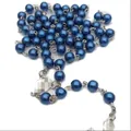 Classic Catholic blue pearl rosary necklace featuring 8mm beads and silver metal links - 8mm Bead / Sapphire Blue