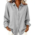 Detailed view of grey linen cotton long sleeve button-down shirt with collar - S / Tops / Light Gray