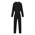 Fashionable women's black long sleeve knitted jumpsuit with front half-zip detail - S / Top And Bottom / Black