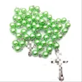 Elegant green 8mm pearl rosary necklace with silver chain and cross pendant for baptism jewelry - 8mm Bead / Grass Green