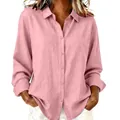Casual long sleeve pink cotton linen button-down shirt for women in a loose fit style - S / Tops / Pink