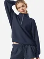 Navy blue oversized half-zip sweatshirt and matching shorts lounge yoga set for women - Navy Blue / S
