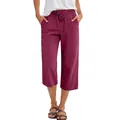 Burgundy solid color cotton linen wide-leg cropped pants with drawstring waist for women - S / Bottoms / Burgundy