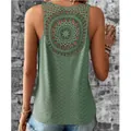 Elegant green sleeveless lace top with a detailed crochet mandala hollow back design - S / Tops / Green
