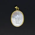 Detailed macro shot of a carved white mother-of-pearl religious saint pendant necklace - Latin Inscription Icon Style (aljylp1797) / Gold