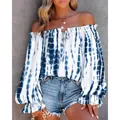 Γυναικεία μπλούζα tie-dye μπλε και λευκή με έξω τους ώμους, κομψό καλοκαιρινό μακρυμάνικο - S / Tops / Μπλε Λευκό Tie-dye (6#)