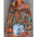 Blouse sexy à épaules dénudées et manches longues avec imprimé géométrique bohème - S / Hauts / Imprimé Ethnique Multicolore (7#)
