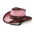 Detailed side view of pink straw cowboy hat with elegant floral embroidery and band - Embroidered Rose Style / Pink