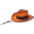 Detail of breathable orange straw cowboy hat featuring a studded band and chin strap - Rivet and Gemstone Style / Orange