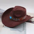 Detail view of brown suede cowboy hat with turquoise bead and floral embroidery - Embroidered Gem Decor / Coffee