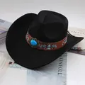 Detail of a black felt western cowboy hat with embroidered turquoise band. - Embroidered Gem Decor / Black