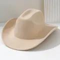 Detailed side view of a beige felt cowboy hat with minimalist textured background - M (56-58cm) / Beige