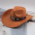 Close-up detail of a brown Western cowboy hat featuring a silver bull head emblem - Gem Bull Head Decor / Cattle Yellow