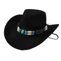 Detail of a classic black western cowboy hat with ethnic turquoise bead band decoration - Triple Row Beads Decor / Black