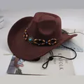 Stylish dark brown western cowboy hat featuring an ethnic beaded band with turquoise accent - Double-Row Bead Decor Style / Coffee