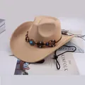 Khaki suede Western cowboy hat with decorative ethnic beaded band and adjustable chin strap - Double-Row Bead Decor Style / Light Beige