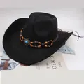 Black Western cowboy hat with ethnic beaded band and turquoise-style stone ornament - Double-Row Bead Decor Style / Black