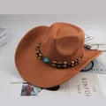 Classic brown western cowboy hat with beaded band and bull head turquoise detail - Double-Row Bead Decor Style / Cowhair Yellow