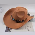 Classic brown western cowboy hat with vintage beaded band and turquoise stone accent - Double-Row Bead Decor Style / Deep Beige