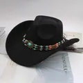 Classic black western cowboy hat featuring a decorative ethnic beaded turquoise band. - New Triple Row Beads Decor / Black