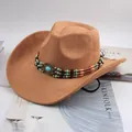 Classic camel brown suede western cowboy hat featuring a unique turquoise beaded band detail. - New Triple Row Beads Decor / Deep Beige