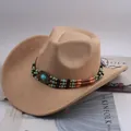 Western tan cowboy hat with rolled brim and ornate turquoise bead decorative band - New Triple Row Beads Decor / Light Beige