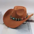 Brown western cowboy hat with turquoise beaded band, vintage rolled brim, and faux suede texture - New Triple Row Beads Decor / Cow Hair Brown