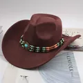 Classic brown western cowboy hat featuring a multi-layered turquoise and black beaded band - New Triple Row Beads Decor / Coffee