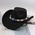 Black felt western cowboy hat with turquoise stone and beaded decorative band - Long Bead Decor Style / Black