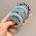 Lot de 5 élastiques à cheveux spirales avec motifs floraux bleus et carreaux chic - Style 4 / 5件套 5.5cm / Bleu