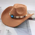 Western cowboy hat in tan with beaded turquoise band and curved brim - Long Bead Decor Style / Deep Beige