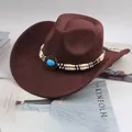 Classic brown western cowboy hat with ethnic beaded band and blue stone accent - Long Bead Decor Style / Coffee