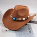 Classic tan Western cowboy hat featuring decorative turquoise stone and beaded band details - Long Bead Decor Style / Cowhair Yellow