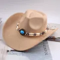 Classic khaki suede western cowboy hat with beaded turquoise band for outdoor fashion - Long Bead Decor Style / Light Beige