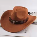 Classic brown suede western cowboy hat featuring a metallic bull head emblem and chin strap - Leather Strap With Bull Head / Cowhair Yellow