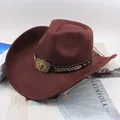 Classic brown western cowboy hat with a vintage bull head buckle on the leather band. - Paper Rope Bull Head Style / Coffee